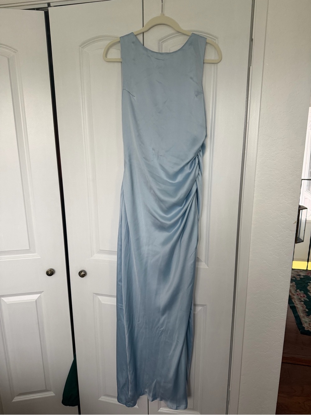 BHLDN Pale Blue Satin Maxi Dress with Side Ruching